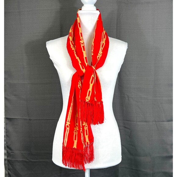 Red silk scarf gold chain print with fringe 50 x 10 ins rectangular - Picture 1 of 6